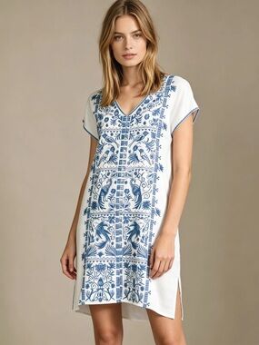 JOHNNY Was Embroidered Harriet Linen Tunic, Blue White